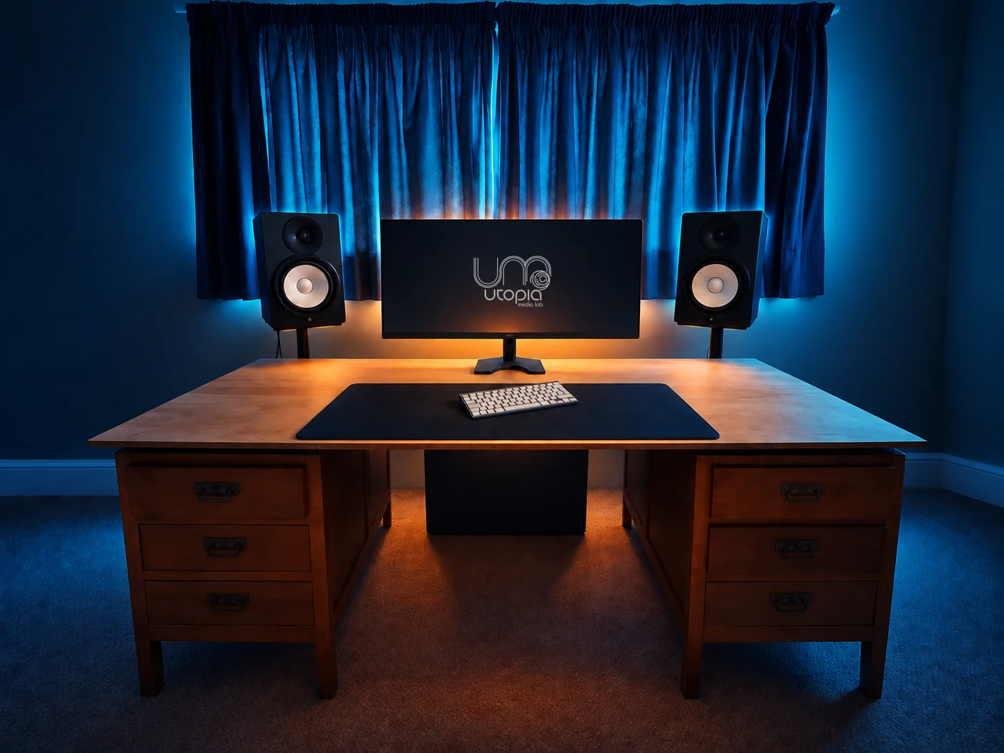AI-enhanced view of the Utopia Media Lab studio, with a working desk, monitor and audio equipment.